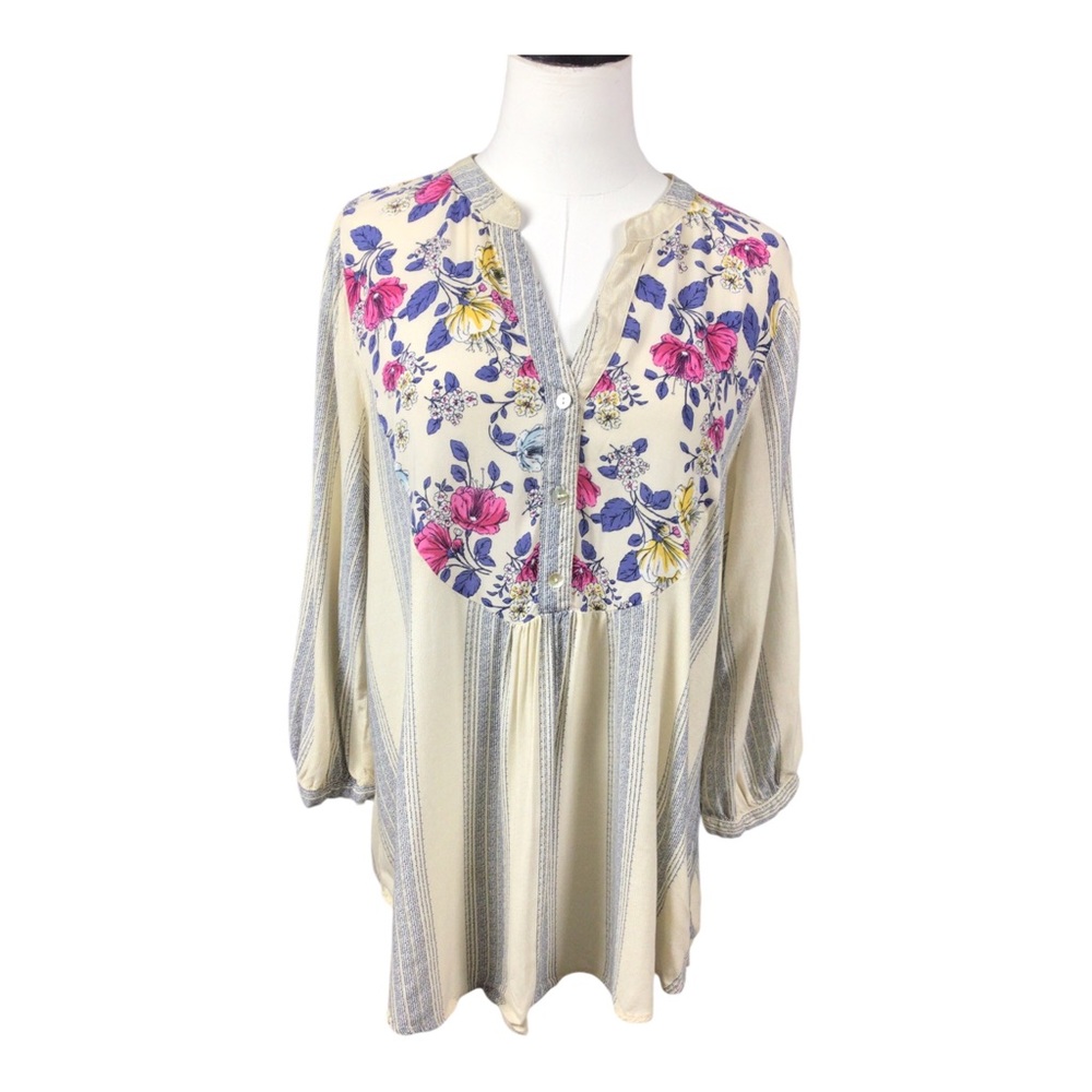 Fig and Flower Floral Yoke Tunic Top XL Cream with Pink & Blue Flowers